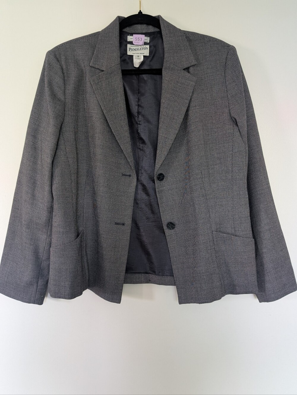PENDLETON Savvy Wool Gray Micro Houndstooth 2-Button Stretch Blazer Size 14